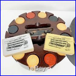 Vintage Stop Monkeying Clay Poker Chips in Revolving Wood Carousel Caddy Antique
