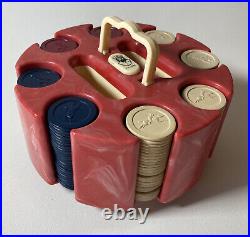Vintage Strawberry Marble BAKELITE Poker Caddy Chip Rack and CLAY Jockey Chips