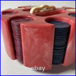 Vintage Strawberry Marble BAKELITE Poker Caddy Chip Rack and CLAY Jockey Chips