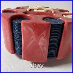 Vintage Strawberry Marble BAKELITE Poker Caddy Chip Rack /w Embossed CLAY Chips