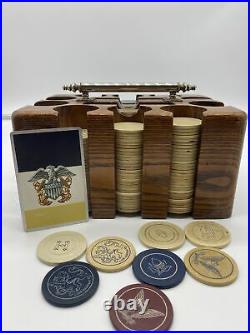 Vintage US Navy Poker Clay Chip Set In Wooden Case Silver Handle Leather
