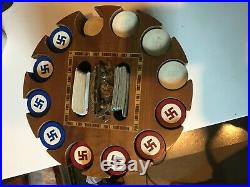 Vintage Wood Drueke Poker Chip Carousel Clay Swastika Chips Ostrich Hide Cover