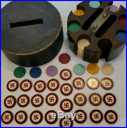 Vintage Wood Leather Clay Poker Chip Set Carousel 181 Total Good Luck Swastika