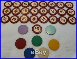 Vintage Wood Leather Clay Poker Chip Set Carousel 181 Total Good Luck Swastika