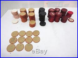 Vintage Wooden Poker Chip Black Covered Holder & 215 Clay Chips Flags & 5-30-36