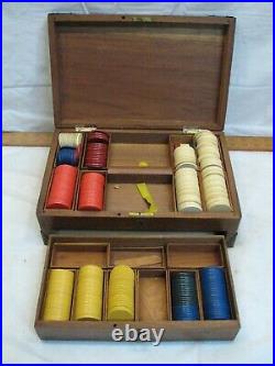 Vintage Wooden Poker Chip Storage Box with250+ Clay Card Game Inlay Chest Gambling