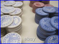 Vtg 1890s 296 clay chips poker set gambling casino Railroad Amerian Eagles game