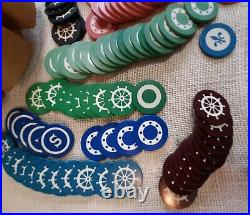 Vtg clay Poker Chips & Holder 195 chips inlaid Bicycle Playing cards owl moon