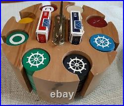 Vtg clay Poker Chips & Holder 195 chips inlaid Bicycle Playing cards owl moon