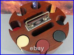 WOOD CAROUSEL POKER CADDY SET withCOVER CLAY PRESSED PAPER 139 CHIPS TOTAL ANTIQE