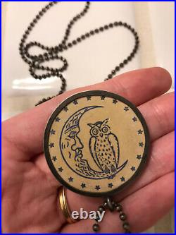 White Antique Owl Moon Stars Poker Chip Clay Vintage Rare Old Gambling Necklace