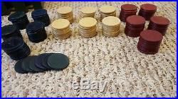 Wooden poker chip holder with clay chips old gaming set